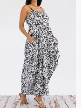 Cami Maxi Dress with Pockets (Blk/White Tribe Print)