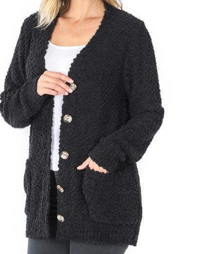 BLK LONG SLEEVE POPCORN BUTTON DOWN CARDIGAN