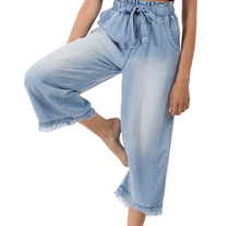 Load image into Gallery viewer, CHAMBRAY PAPERBAG WAIST WIDE LEG CROP PANTS
