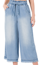 Load image into Gallery viewer, CHAMBRAY PAPERBAG WAIST WIDE LEG CROP PANTS
