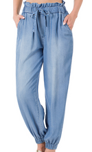 Load image into Gallery viewer, CHAMBRAY DRAWSTING PAPER BAG WAIST JOGGER PANTS
