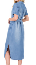 Load image into Gallery viewer, CHAMBRAY BELTED SHIRT DRESS WITH POCKETS - SIDE SLITS - REMOVABLE TIE BELT
