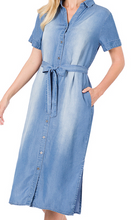 Load image into Gallery viewer, CHAMBRAY BELTED SHIRT DRESS WITH POCKETS - SIDE SLITS - REMOVABLE TIE BELT
