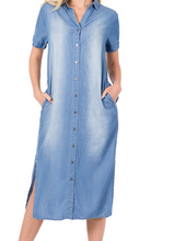 Load image into Gallery viewer, CHAMBRAY BELTED SHIRT DRESS WITH POCKETS - SIDE SLITS - REMOVABLE TIE BELT
