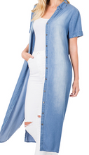 Load image into Gallery viewer, CHAMBRAY BELTED SHIRT DRESS WITH POCKETS - SIDE SLITS - REMOVABLE TIE BELT
